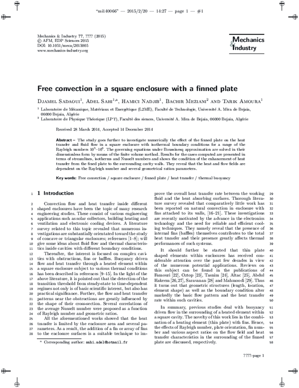 (PDF) Free convection in a square enclosure with a finned plate
