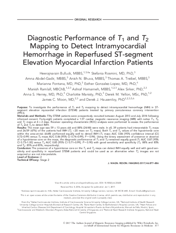 (PDF) Diagnostic Performance of T1 and T2 Mapping to Detect ...