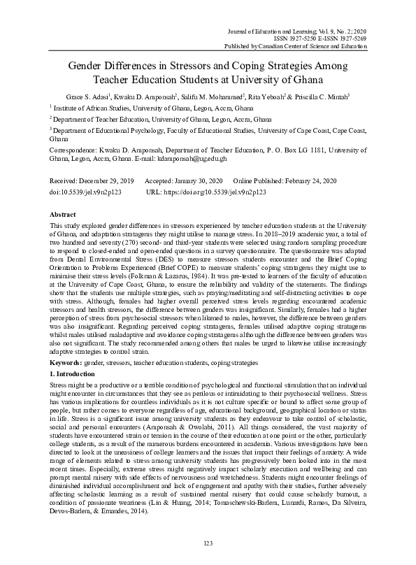 (PDF) Gender Differences in Stressors and Coping Strategies Among ...