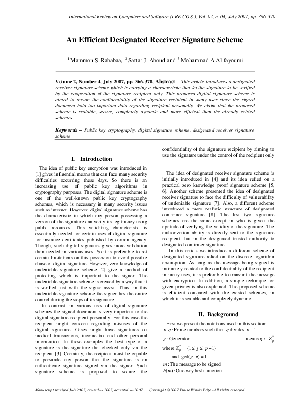 (PDF) An Efficient Designated Receiver Signature Scheme