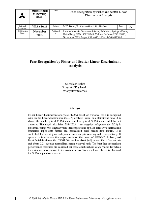 (PDF) Face Recognition by Fisher and Scatter Linear Discriminant Analysis
