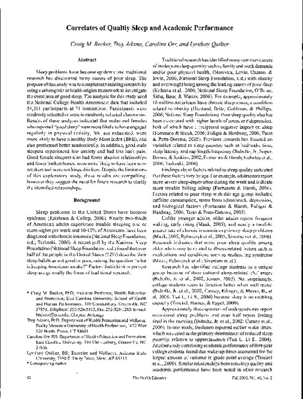 (PDF) Correlates of Quality Sleep and Academic Performance