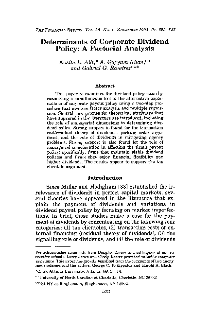 (PDF) Determinants of Corporate Dividend Policy: A Factorial Analysis