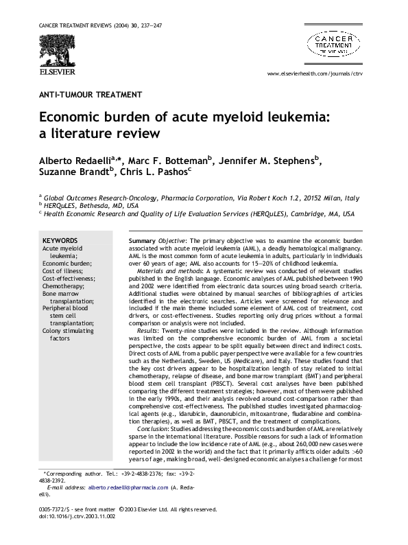 (PDF) Economic burden of acute myeloid leukemia: a literature review