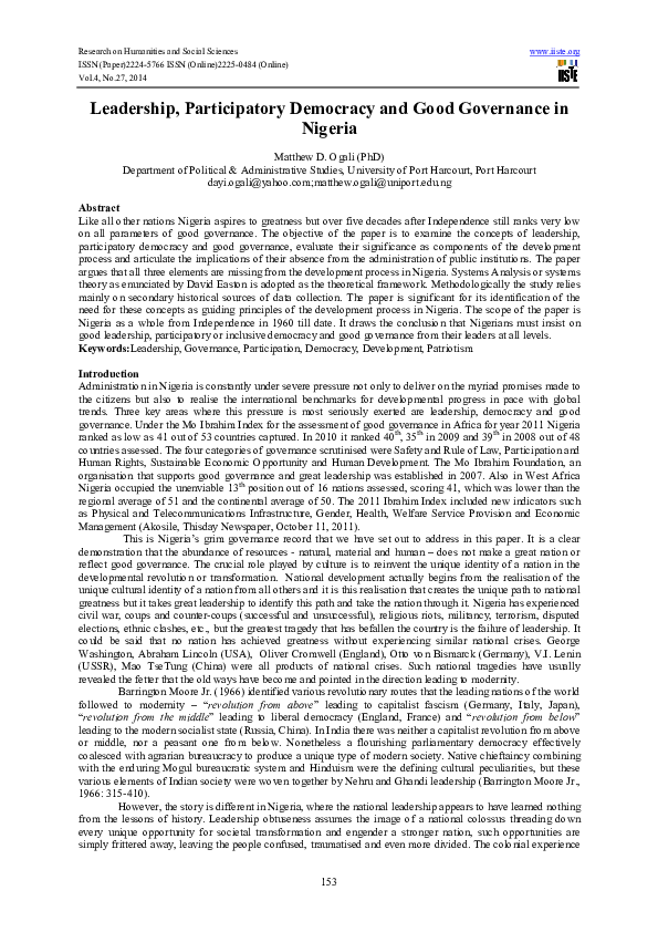(PDF) Leadership, Participatory Democracy and Good Governance in Nigeria