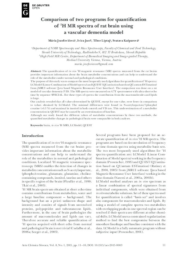 (PDF) Comparison of two programs for quantification of 1H MR spectra of ...