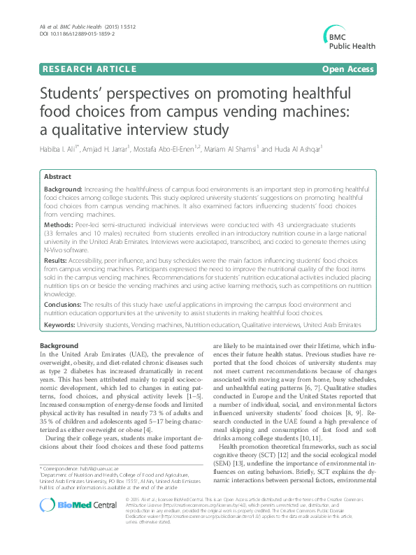 PDF Students Perspectives On Promoting Healthful Food Choices From Campus Vending Machines A