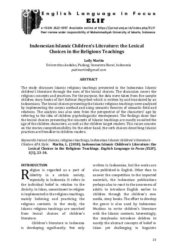 Pdf Indonesian Islamic Children S Literature The Lexical Choices In The Religious Teachings Laily Martin Academia Edu