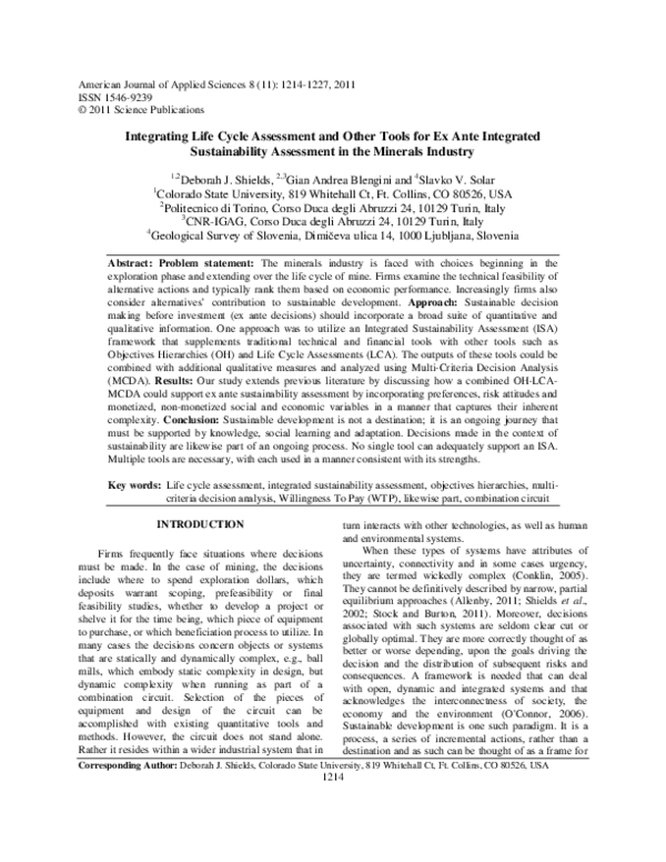 (PDF) Integrating Life Cycle Assessment and Other Tools for Ex Ante ...