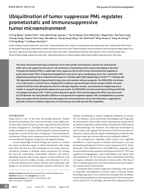 (PDF) Ubiquitination of tumor suppressor PML regulates prometastatic ...