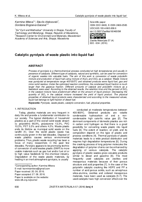 (PDF) Catalytic pyrolysis of waste plastic into liquid fuel