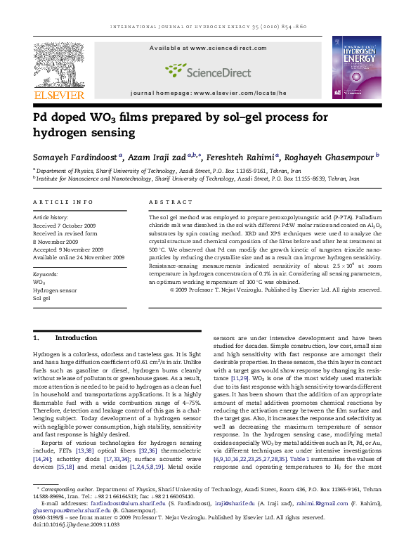 (PDF) Pd doped WO3 films prepared by sol–gel process for hydrogen sensing