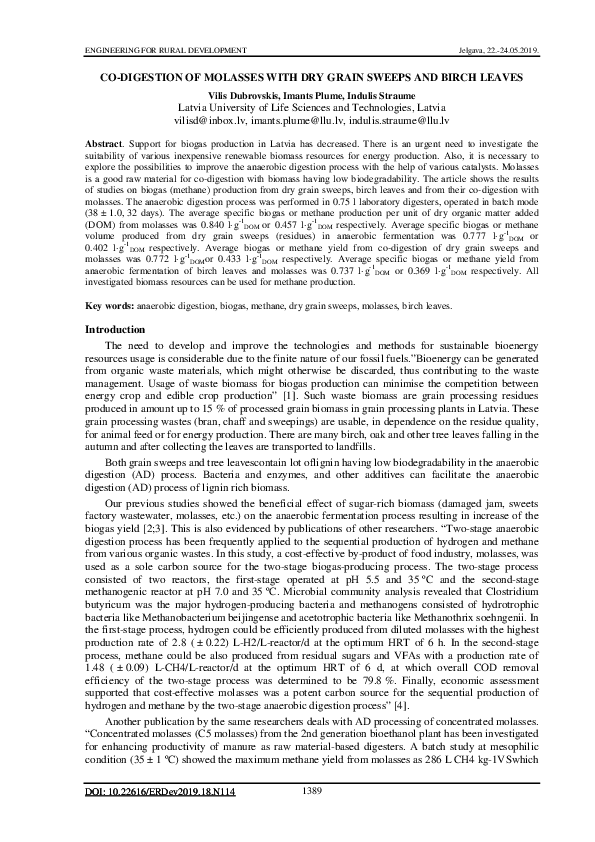 (PDF) Codigestion of molasses with dry grain sweeps and birch leaves