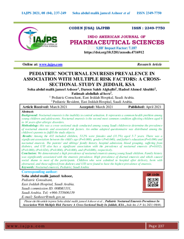 (PDF) PEDIATRIC NOCTURNAL ENURESIS PREVALENCE IN ASSOCIATION WITH