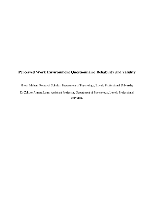 (PDF) Perceived Work Environment Questionnaire Reliability and validity