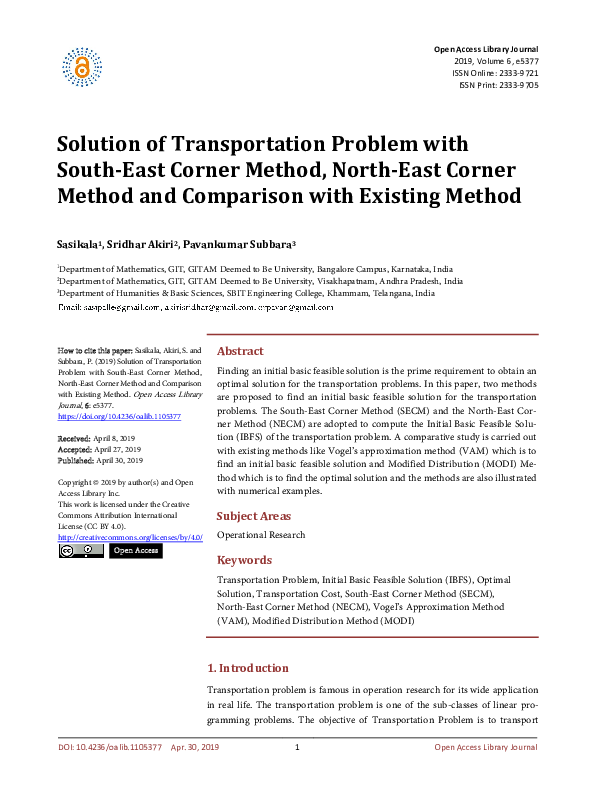 (PDF) Solution of Transportation Problem with South-East Corner Method ...