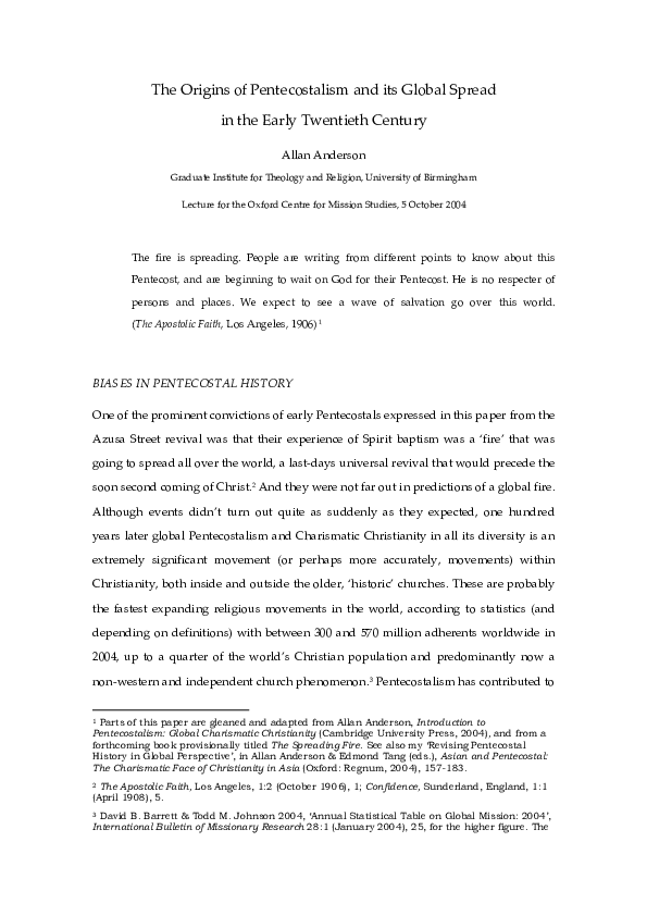 (PDF) The Origins of Pentecostalism and its Global Spread in the Early ...