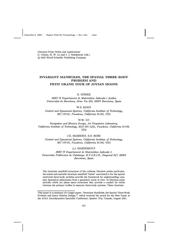 Pdf Invariant Manifolds The Spatial Three Body Problem And Petit Grand Tour Of Jovian Moons Josep J Masdemont Academia Edu