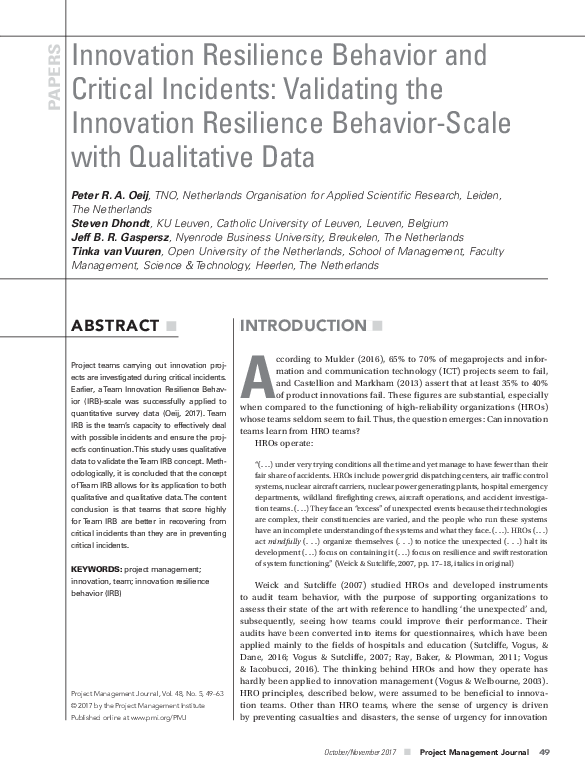 (PDF) Innovation Resilience Behavior and Critical Incidents: Validating ...
