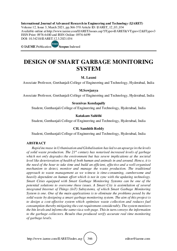 (PDF) DESIGN OF SMART GARBAGE MONITORING SYSTEM