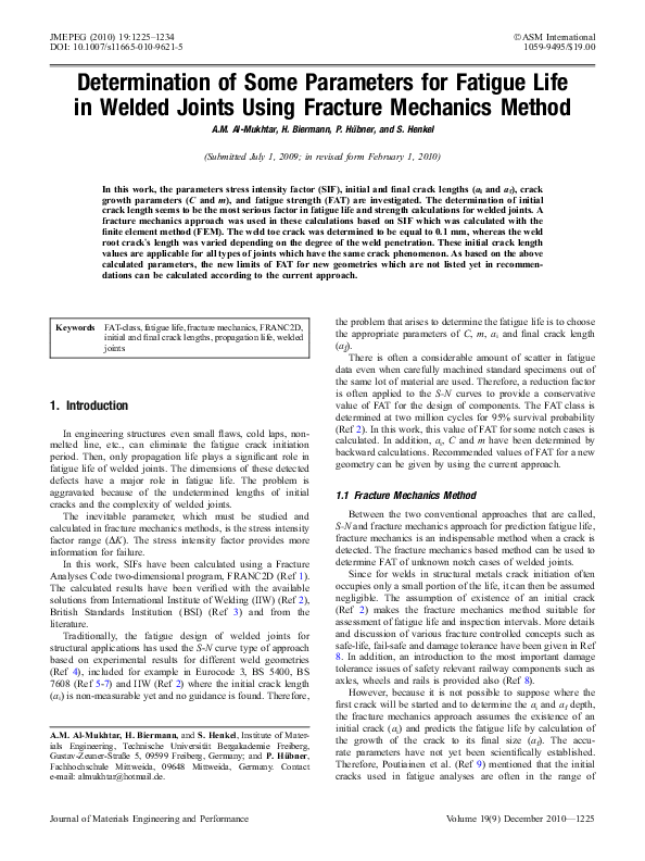 (PDF) Determination of Some Parameters for Fatigue Life in Welded ...