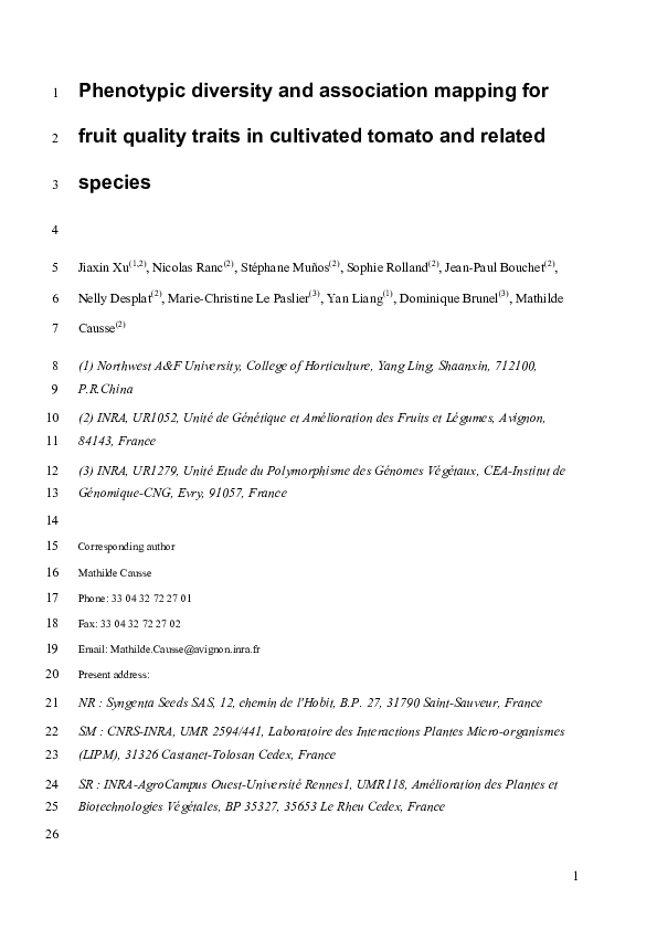 (PDF) Phenotypic diversity and association mapping for fruit quality traits in cultivated tomato