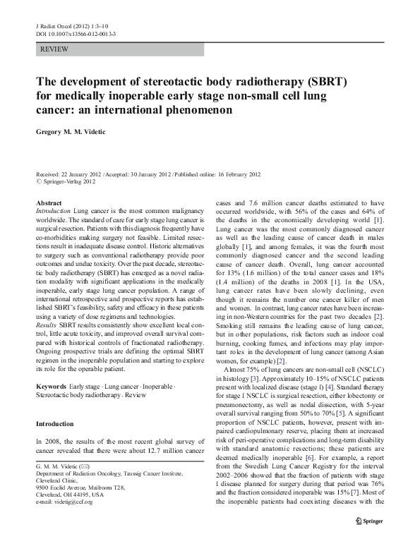 (PDF) The development of stereotactic body radiotherapy (SBRT) for ...