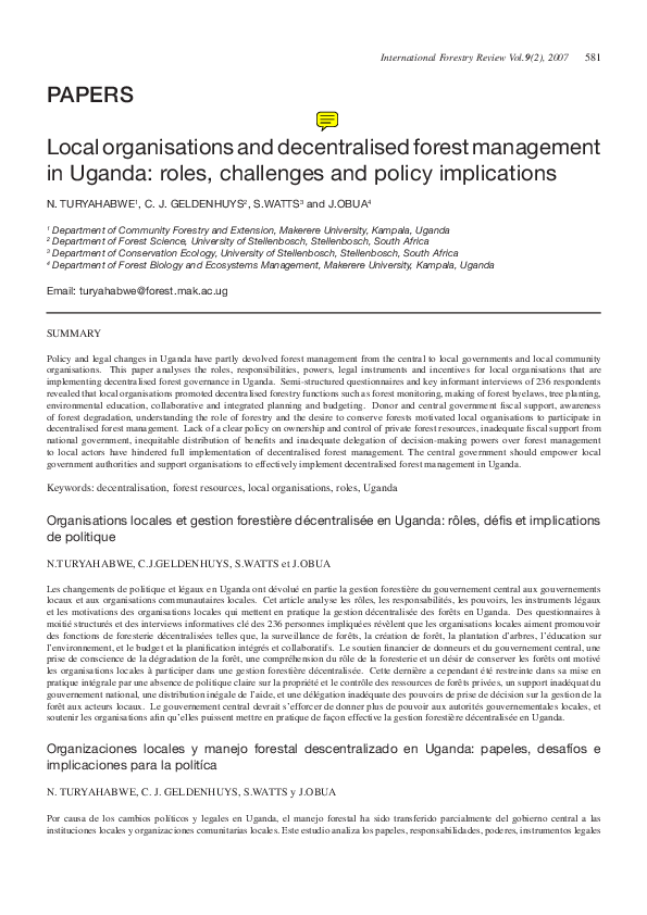 (PDF) Local organisations and decentralised forest management in Uganda ...