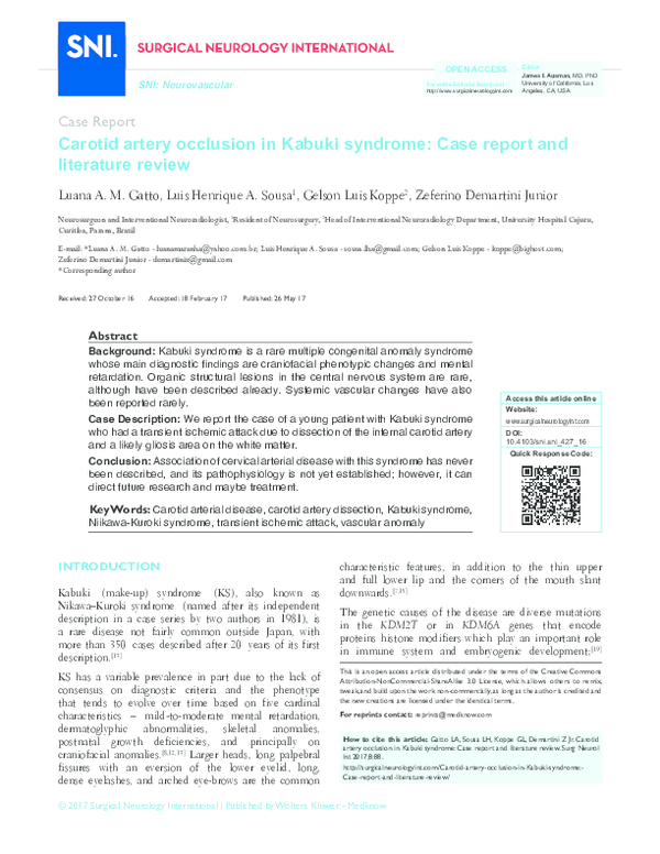 (PDF) Carotid artery occlusion in Kabuki syndrome Case report and
