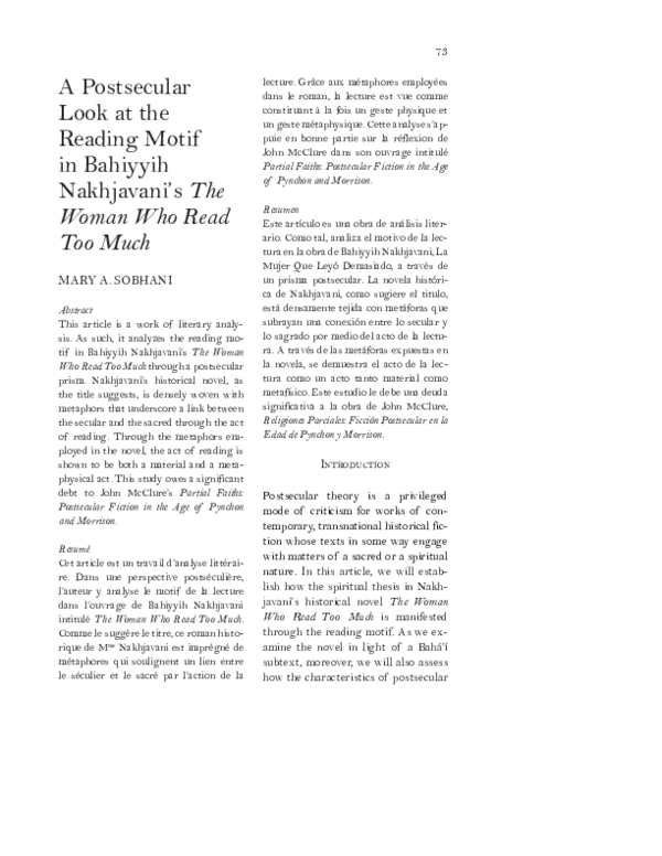 (PDF) A Postsecular Look at the Reading Motif in Bahiyyih Nakhjavani’s ...