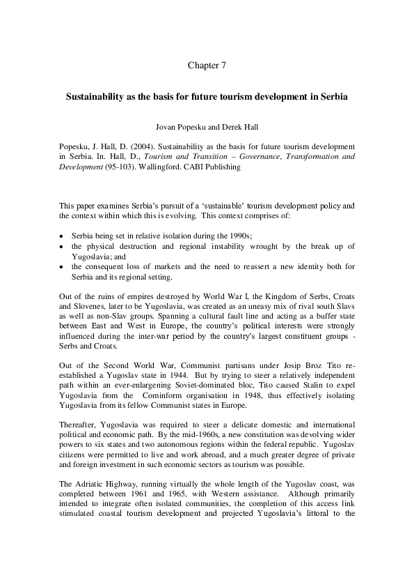 (PDF) Sustainability as the basis for future tourism development in Serbia
