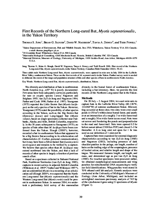 (PDF) First Records of the Northern Long-eared Bat, Myotis ...