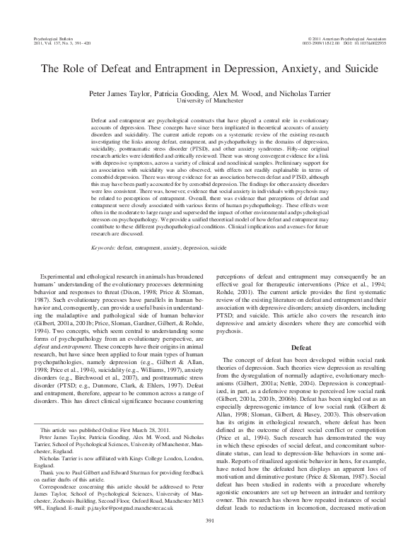 (PDF) The role of defeat and entrapment in depression, anxiety, and suicide