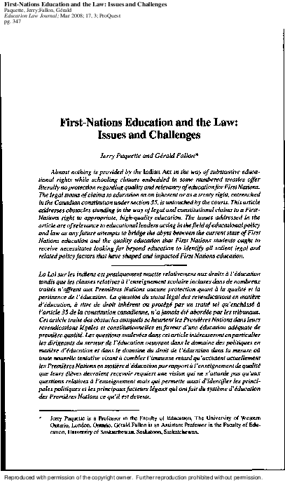 (PDF) First-Nations control of education: Legal issues and challenges