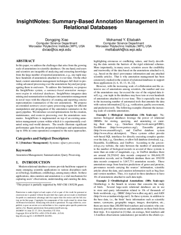 (PDF) InsightNotes: summary-based annotation management in relational ...