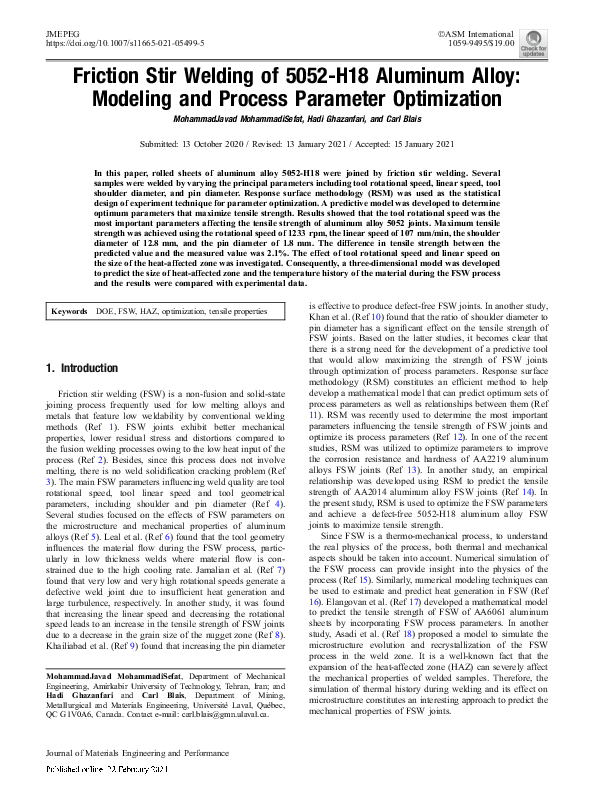 (PDF) Friction Stir Welding of 5052-H18 Aluminum Alloy: Modeling and ...