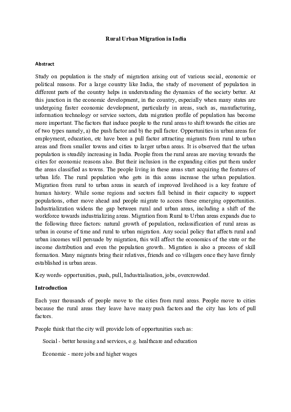 (DOC) Rural Urban Migration in India