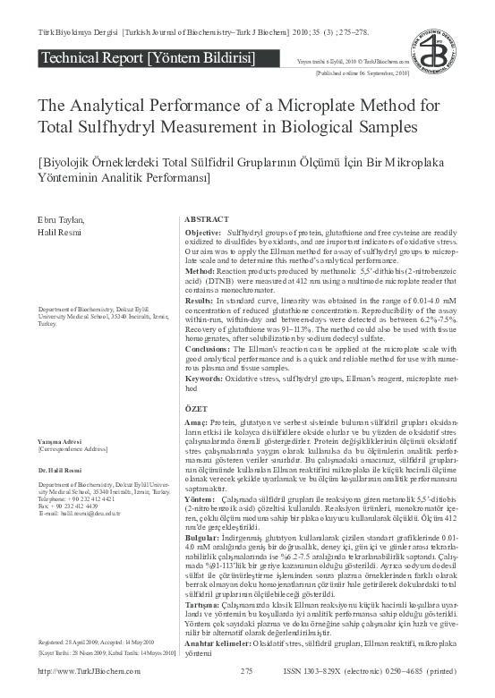 PDF) The Analytical Performance of a Microplate Method for Total Sulfhydryl  Measurement in Biological Samples