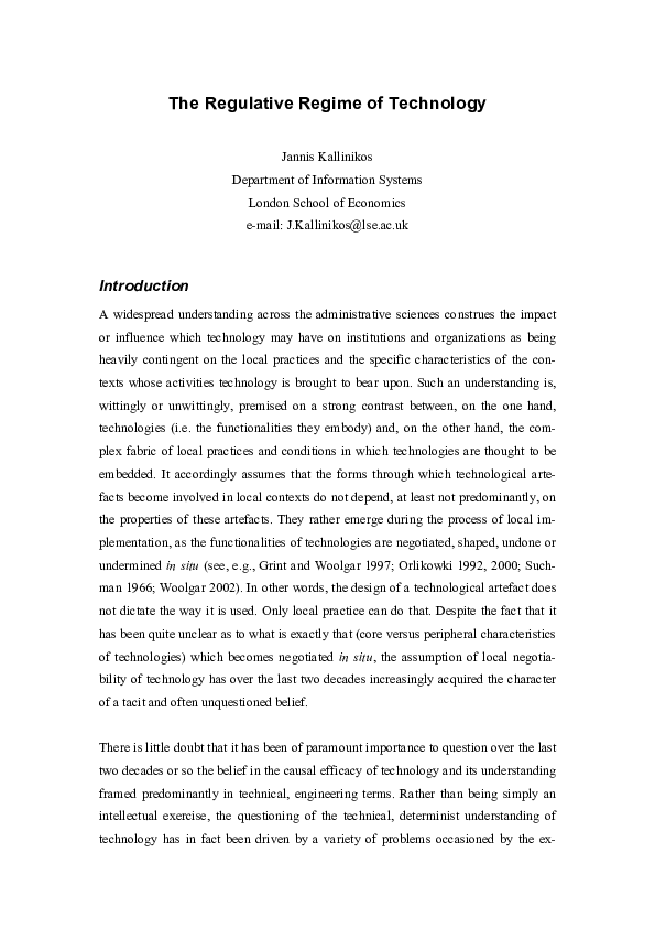 (PDF) The Regulative Regime of Technology