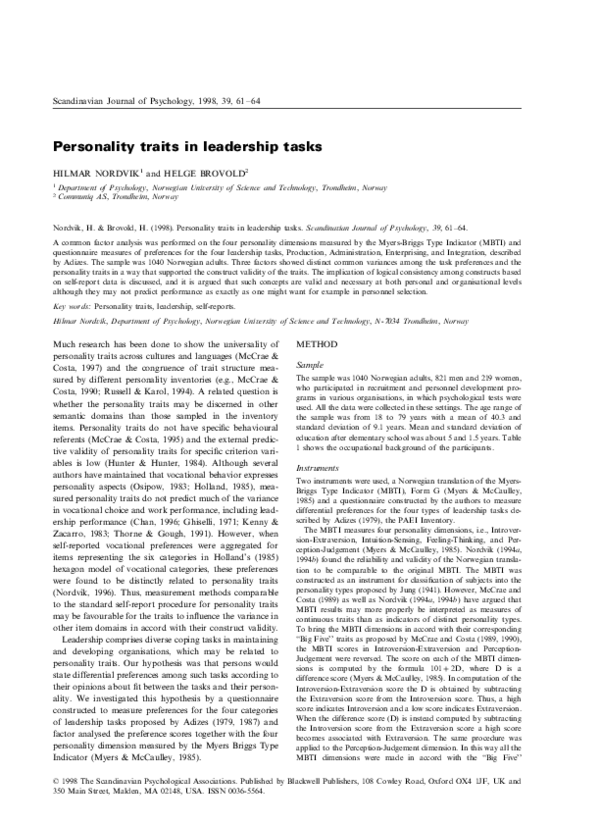(PDF) Personality traits in leadership tasks