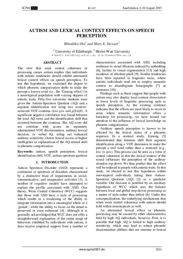 (PDF) Autism and Lexical Context Effects on Speech Perception
