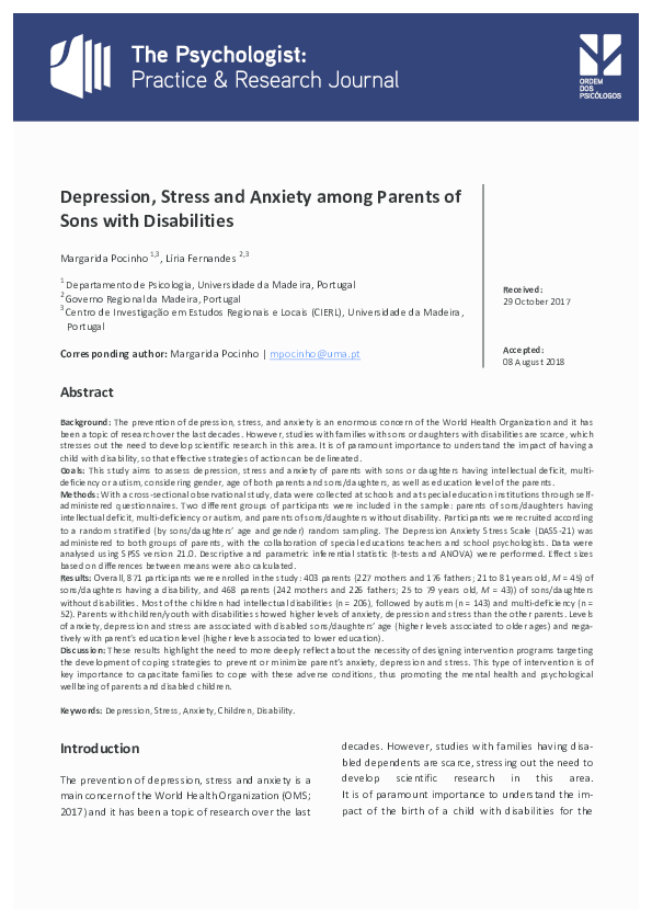 (PDF) Depression, Stress and Anxiety among Parents of Sons with ...