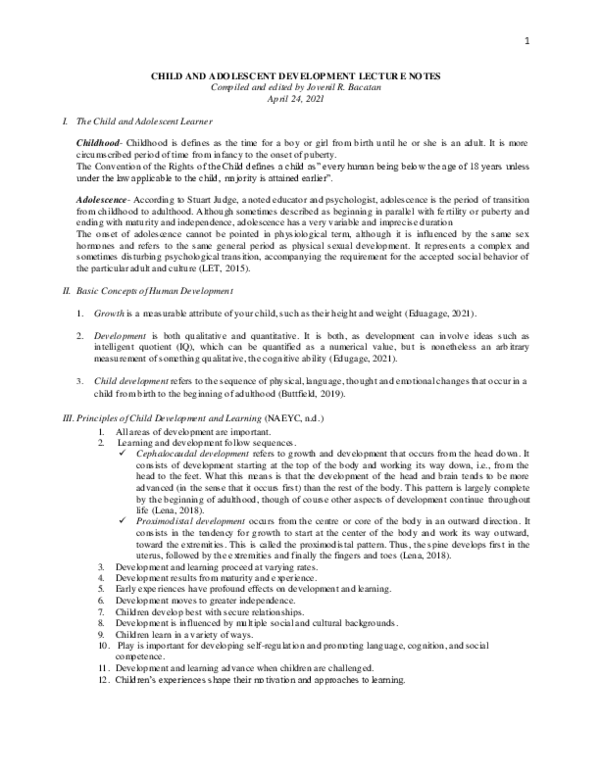 (PDF) CHILD AND ADOLESCENT DEVELOPMENT LECTURE NOTES