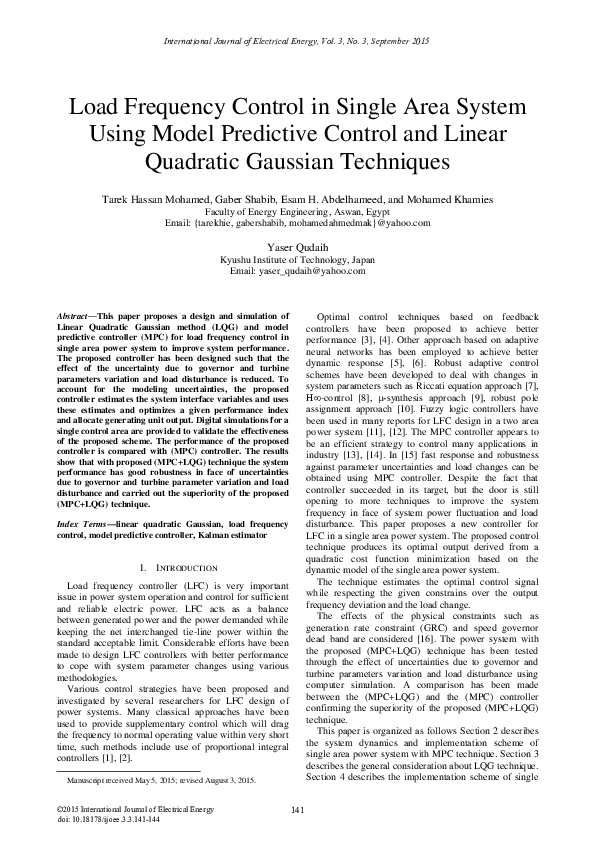 (PDF) Load Frequency Control in Single Area System Using Model ...