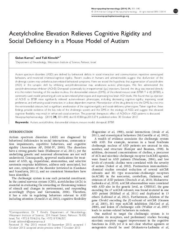 (PDF) Acetylcholine Elevation Relieves Cognitive Rigidity and Social ...