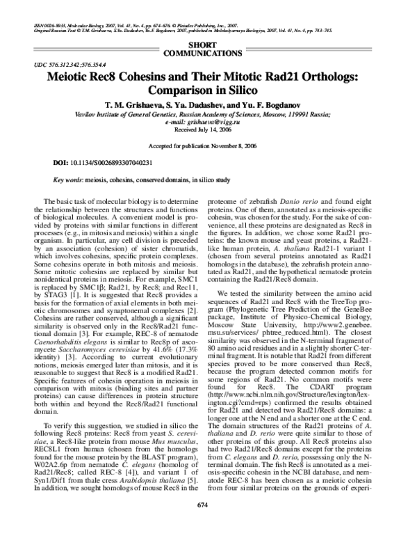 (PDF) Meiotic Rec8 cohesins and their mitotic Rad21 orthologs ...