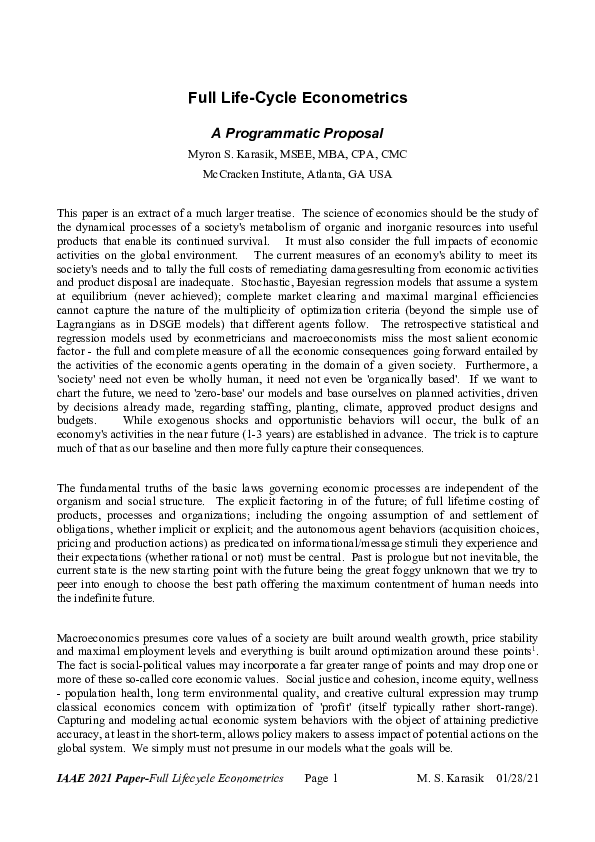 (PDF) Full Life-Cycle Econometrics A Programmatic Proposal