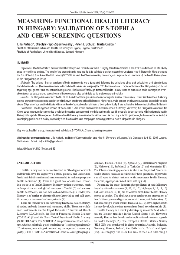 (PDF) Measuring functional health literacy in Hungary: Validation of S ...
