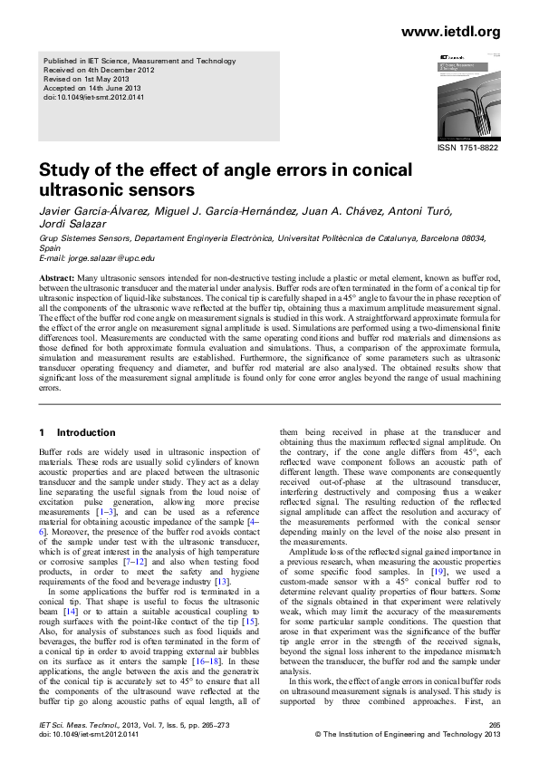 (PDF) Study of the effect of angle errors in conical ultrasonic sensors