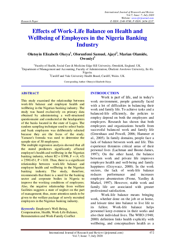 (PDF) Effects of Work-Life Balance on Health and Wellbeing of Employees ...